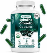 Teaveli frasco frontal de Spirulina y Chlorella, fórmula vegana y concentrada