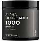 Toniiq frasco frontal mostrando ALA 1000mg y pureza 99%+