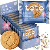 Toto empaque frontal mostrando caja y diseño festivo, conveniencia para llevar