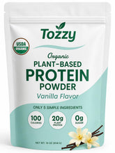 TOZZY envase frontal de proteína vegana con sello orgánico y beneficio de limpieza