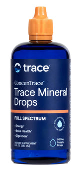 Trace Minerals frasco frontal mostrando etiqueta y beneficios claros
