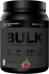 Transparent Labs envase frontal Bulk Black mostrando etiqueta y sabor cereza negra, claridad en ingredientes