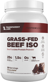 Transparent Labs envase frontal mostrando 25g proteína por porción y beneficio limpieza