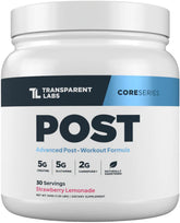 Transparent Labs bote frontal mostrando sabor fresa-limonada y beneficios de recuperación
