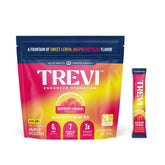 TREVI frente del empaque Raspberry Lemonade mostrando cajas y sobres, conveniencia portátil