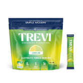 TREVI frontal del envase Lemon Lime mostrando 28 sobres y beneficios visibles