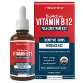 Triquetra Health botella frontal del suplemento B12 muestra etiqueta clara