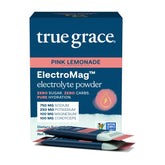 True Grace ElectroMag frente del empaque mostrando 16 sobres y sabor Pink Lemonade beneficio conveniencia