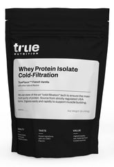 True Nutrition envase frontal mostrando el sabor French Vanilla y beneficio de proteína pura