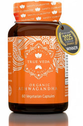 True Veda frasco delantero de KSM-66 Ashwagandha mostrando certificación USDA, confianza y pureza