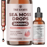 TrueSeaMoss frasco frontal mostrando etiqueta clara y formato gotero para dosificación fácil