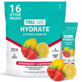 TRULABS empaque frontal mostrando sabor fresa-limón y beneficios de electrolitos