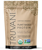 Truvani frente del envase mostrando sabor chocolate mantequilla de cacahuete y beneficio de limpieza