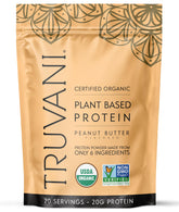 Truvani frente del envase mostrando sabor mantequilla de cacahuate y confianza orgánica