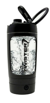 Twister Fitness vista frontal de la coctelera negra, mezcla rápida y portátil
