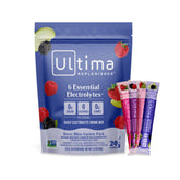 Ultima Replenisher caja frontal mostrando 20 sobres y beneficio de hidratación rápida