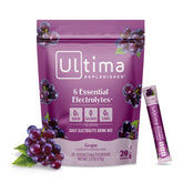 Ultima Replenisher empaque frontal uva mostrando sticks y beneficio de hidratación rápida