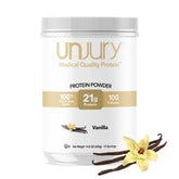 Unjury frasco frontal mostrando etiqueta clara y origen de whey