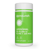 UpNourish frasco delantero de D3 K2 liposomal mostrando la marca y beneficio de absorción