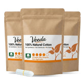 Veeda empaque frontal mostrando 96 tampones y beneficios naturales