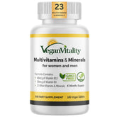 Vegan Vitality frontal del envase que muestra dosis y beneficio vegano