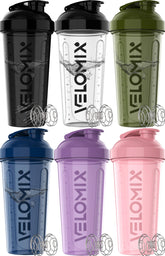 VELOMIX frontal del pack de 6 botellas mostrando capacidad y colores, ideal para organización