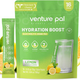 Venture Pal empaque frontal mostrando 16 sobres y marca visible, práctico y portable