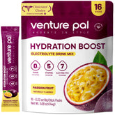 Venture Pal frente del empaque mostrando 16 sticks y beneficio de hidratación rápida
