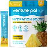 Venture Pal paquete frontal mostrando 16 sobres y beneficio de hidratación rápida