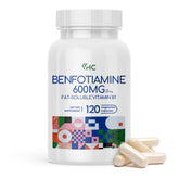 VHC envase frontal del benfotiamine 600 mg mostrando cantidad y sellos de calidad