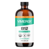 Vimergy frasco frontal de B12 líquida mostrando etiqueta clara y tamaño