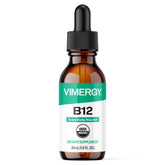 Vimergy frasco frontal B12 orgánica muestra etiqueta clara y confianza