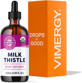 Vimergy frasco frontal de Milk Thistle mostrando etiqueta clara y beneficios