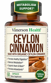 Vimerson Health frasco frontal con canela Ceylán orgánica mostrando diseño y confianza