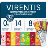 VIRENTIS vista frontal del paquete que muestra variedad de sabores y beneficio hidratación