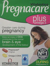 Vitabiotics Pregnacare Plus Omega 3 vista frontal, envase doble y conveniencia