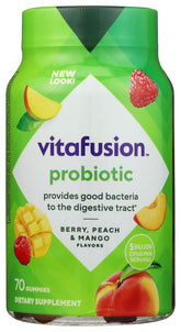 Vitafusion frasco frontal mostrando 70 gomitas y beneficios de conveniencia
