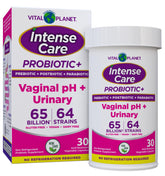 Vital Planet frasco delantero mostrando etiqueta y beneficio equilibrio vaginal
