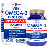 Vital Planet envase frontal Vital Omega mostrando dosis y cápsulas, confianza en potencia