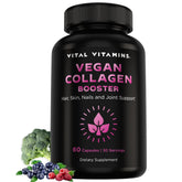 Vital Vitamins frasco frontal mostrando 60 cápsulas y beneficios veganos