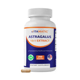 Vitamatic envase frontal del extracto de astrágalo mostrando 200 cápsulas y ventajas limpias