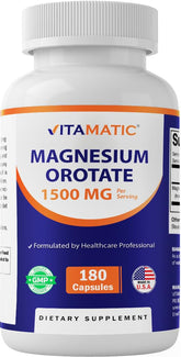 Vitamatic frasco frente mostrando 180 cápsulas y etiqueta clara para confianza