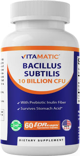 Vitamatic frasco frontal Bacillus subtilis mostrando etiqueta clara y beneficios