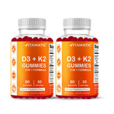 Vitamatic frasco frontal mostrando gomitas y beneficios de dosis clara