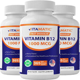Vitamatic frasco frontal mostrando 365 tabletas y beneficio de suministro prolongado