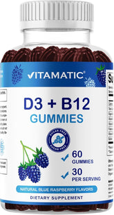 Vitamatic frente del envase mostrando 60 gomitas y sabor frambuesa azul, útil para identificar el producto