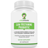 VitaMonk envase frontal mostrando 60 cápsulas y beneficio de fórmula baja en histamina