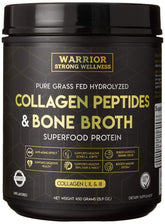 Warrior Strong Wellness empaque frontal que destaca colágeno sin sabor y beneficios