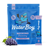 Waterboy empaque frontal uva mostrando caja y sobres, conveniencia portátil