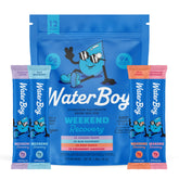 Waterboy paquete frontal mostrando 12 sobres y variedad de sabores, práctico y portátil